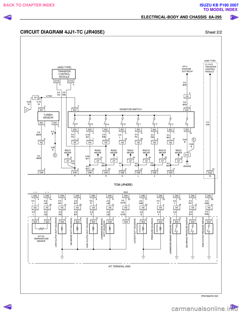 ISUZU KB P190 2007  Workshop Repair Manual ELECTRICAL-BODY AND CHASSIS  8A-295 
 
CIRCUIT DIAGRAM 4JJ1-TC (JR405E) Sheet 2/2 
   
 
 
 
 
 
 
 
 
 
RTW 78AXF011501  
 
BACK TO CHAPTER INDEX TO MODEL INDEXISUZU KB P190 2007 