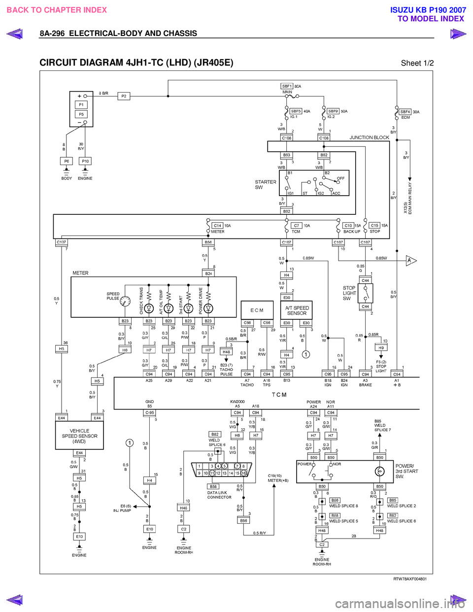 ISUZU KB P190 2007  Workshop Repair Manual 8A-296  ELECTRICAL-BODY AND CHASSIS 
 
CIRCUIT DIAGRAM 4JH1-TC (LHD) (JR405E) Sheet 1/2 
  
  
RTW 78AXF004801 
 
 
BACK TO CHAPTER INDEX TO MODEL INDEXISUZU KB P190 2007 