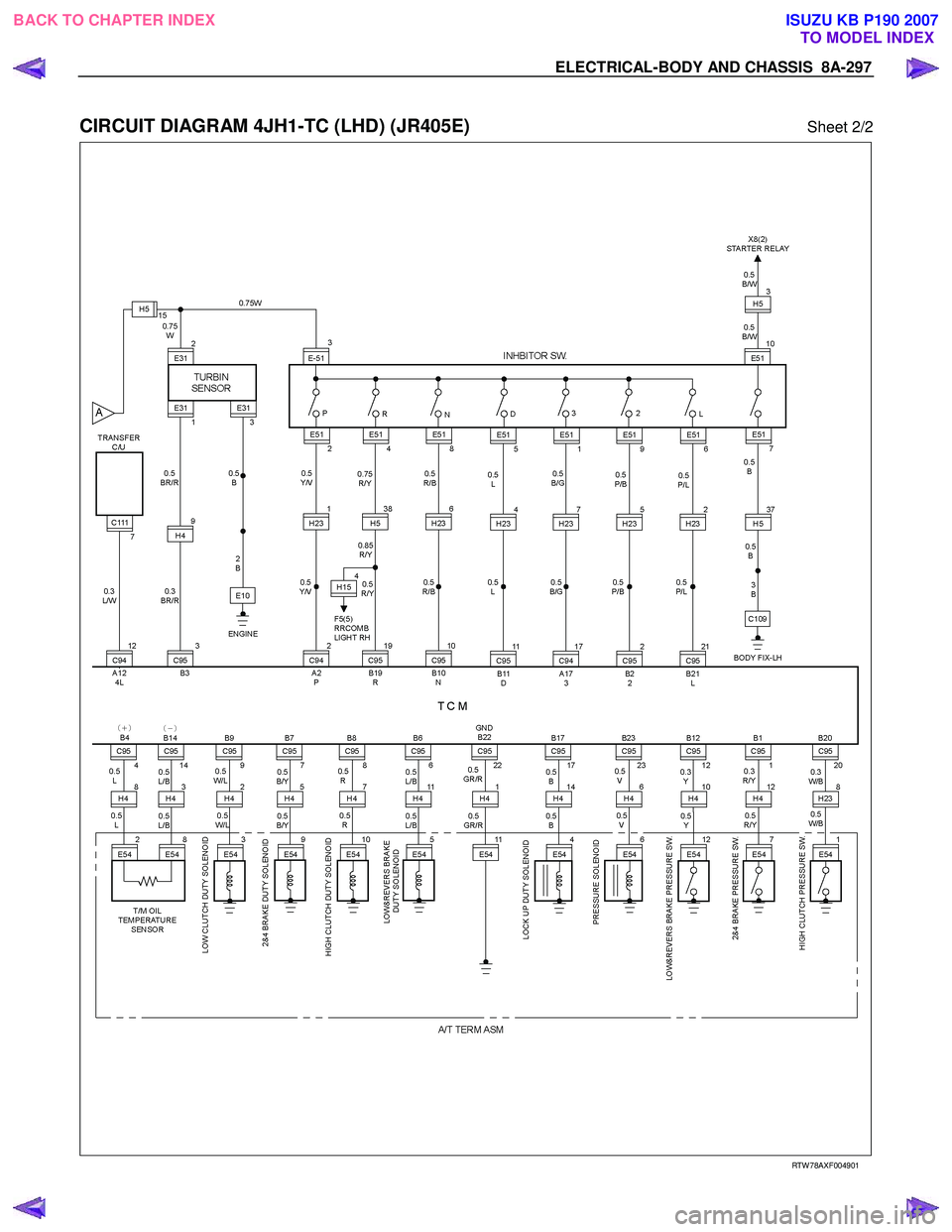 ISUZU KB P190 2007  Workshop Repair Manual ELECTRICAL-BODY AND CHASSIS  8A-297 
 
CIRCUIT DIAGRAM 4JH1-TC (LHD) (JR405E) Sheet 2/2 
   
 
 
 
 
 
 
 
 
RTW 78AXF004901   
 
 
BACK TO CHAPTER INDEX TO MODEL INDEXISUZU KB P190 2007 
