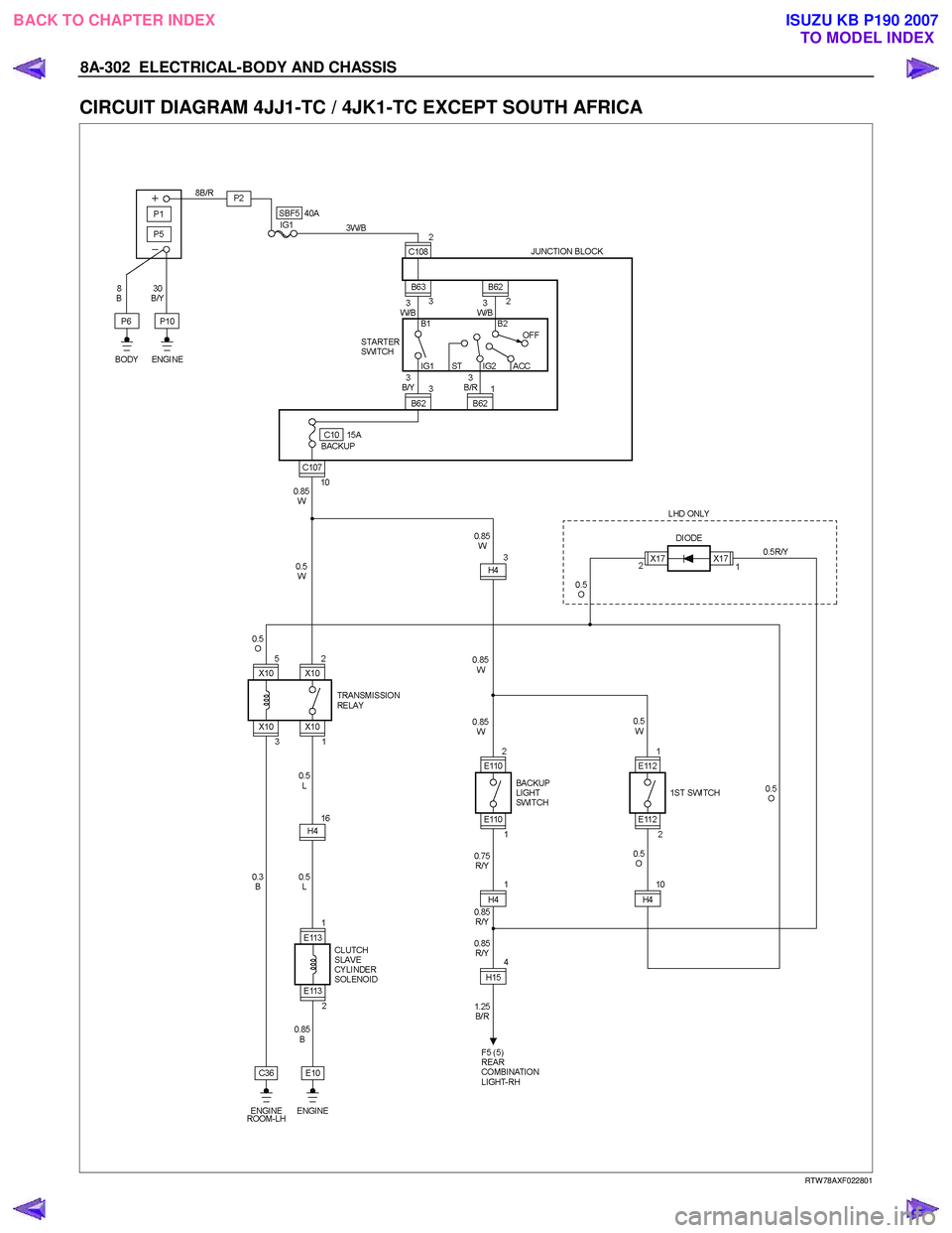 ISUZU KB P190 2007  Workshop Repair Manual 8A-302  ELECTRICAL-BODY AND CHASSIS 
CIRCUIT DIAGRAM 4JJ1-TC / 4JK1-TC EXCEPT SOUTH AFRICA 
  
 
 
 
 RTW 78AXF022801 
 
BACK TO CHAPTER INDEX TO MODEL INDEXISUZU KB P190 2007 