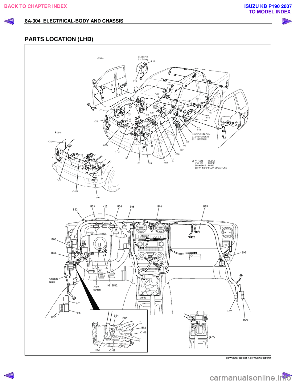 ISUZU KB P190 2007  Workshop Repair Manual 8A-304  ELECTRICAL-BODY AND CHASSIS 
 
PARTS LOCATION (LHD) 
   
 
 
 
   
RTW 78AXF039001 & RTW 78AXF045201 
 
BACK TO CHAPTER INDEX
TO MODEL INDEXISUZU KB P190 2007 