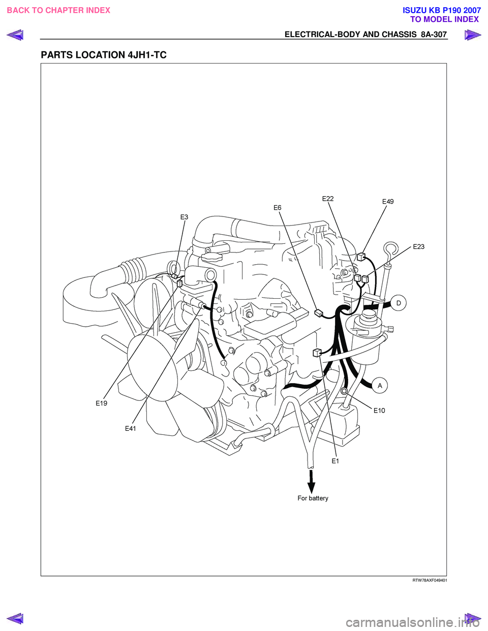ISUZU KB P190 2007  Workshop Repair Manual ELECTRICAL-BODY AND CHASSIS  8A-307 
PARTS LOCATION 4JH1-TC 
   
 
 
 
 
 
 
 
 
 
 
 
 
 
 
 
 
 
 
 
 
 
   
RTW 78AXF049401 
 
BACK TO CHAPTER INDEX
TO MODEL INDEXISUZU KB P190 2007 