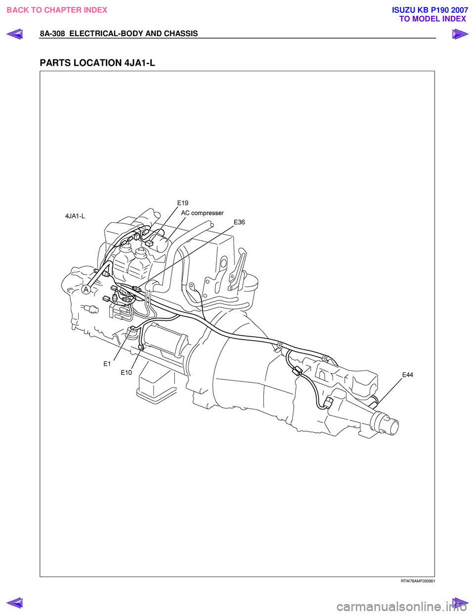 ISUZU KB P190 2007  Workshop Repair Manual 8A-308  ELECTRICAL-BODY AND CHASSIS 
 
PARTS LOCATION 4JA1-L 
   
 
 
 
 
 
 
 
 
 
 
 
 
 
 
 
RTW 78AMF000901 
 
 
BACK TO CHAPTER INDEX TO MODEL INDEXISUZU KB P190 2007 