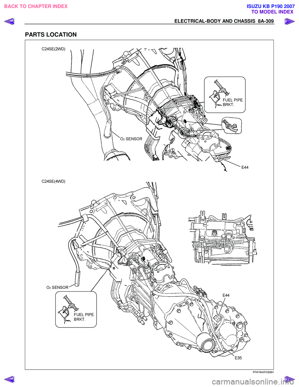 ISUZU KB P190 2007  Workshop Repair Manual ELECTRICAL-BODY AND CHASSIS  8A-309 
PARTS LOCATION 
  
 
   
RTW 78AXF035801 
 
BACK TO CHAPTER INDEX
TO MODEL INDEXISUZU KB P190 2007 