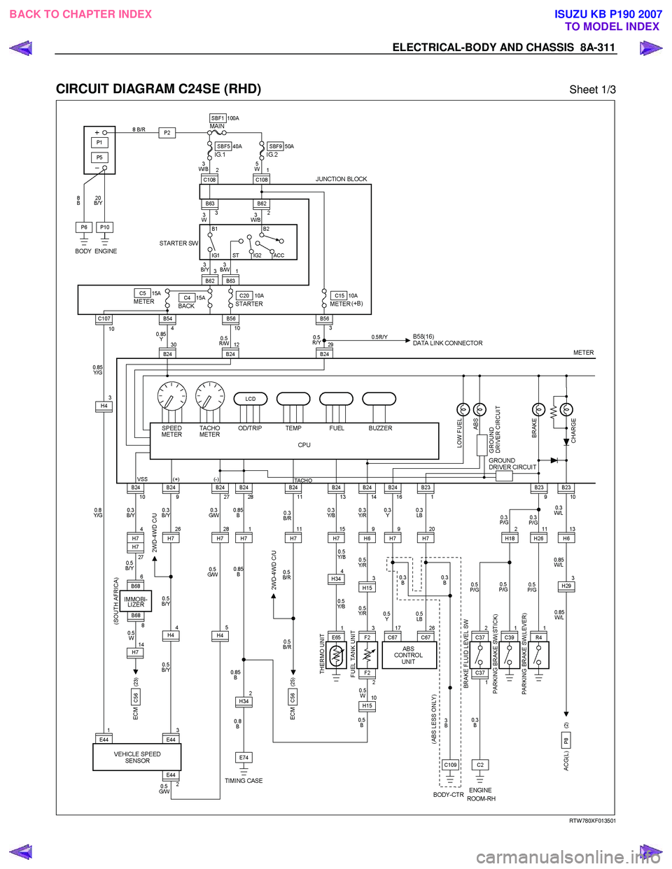 ISUZU KB P190 2007  Workshop Repair Manual ELECTRICAL-BODY AND CHASSIS  8A-311 
 
CIRCUIT DIAGRAM C24SE (RHD) Sheet 1/3 
  
  
RTW 780XF013501 
 
 
BACK TO CHAPTER INDEX TO MODEL INDEXISUZU KB P190 2007 