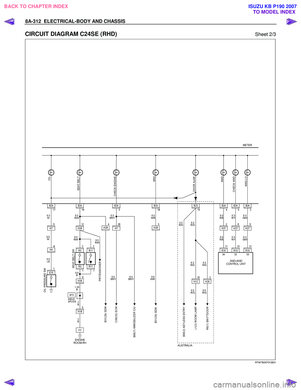 ISUZU KB P190 2007  Workshop Repair Manual 8A-312  ELECTRICAL-BODY AND CHASSIS 
CIRCUIT DIAGRAM C24SE (RHD) Sheet 2/3 
   
 
 
 
 
 
 
 
 
 
 
 
 
 
 
 
 
 
 
 
RTW 780XF013601 
 
 
BACK TO CHAPTER INDEX TO MODEL INDEXISUZU KB P190 2007 
