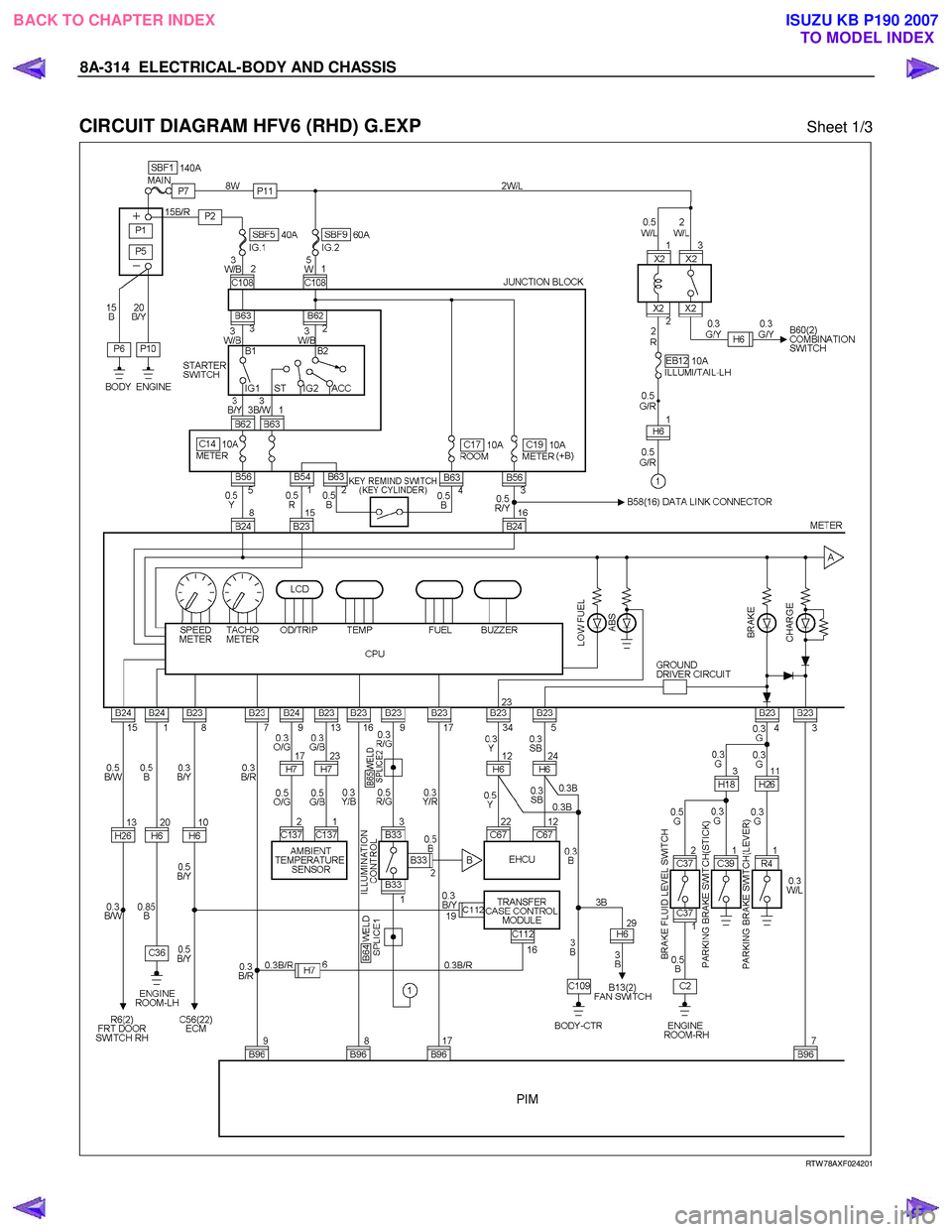 ISUZU KB P190 2007  Workshop Repair Manual 8A-314  ELECTRICAL-BODY AND CHASSIS 
 
CIRCUIT DIAGRAM HFV6 (RHD) G.EXP Sheet 1/3 
  
  
RTW 78AXF024201 
 
 
BACK TO CHAPTER INDEX TO MODEL INDEXISUZU KB P190 2007 