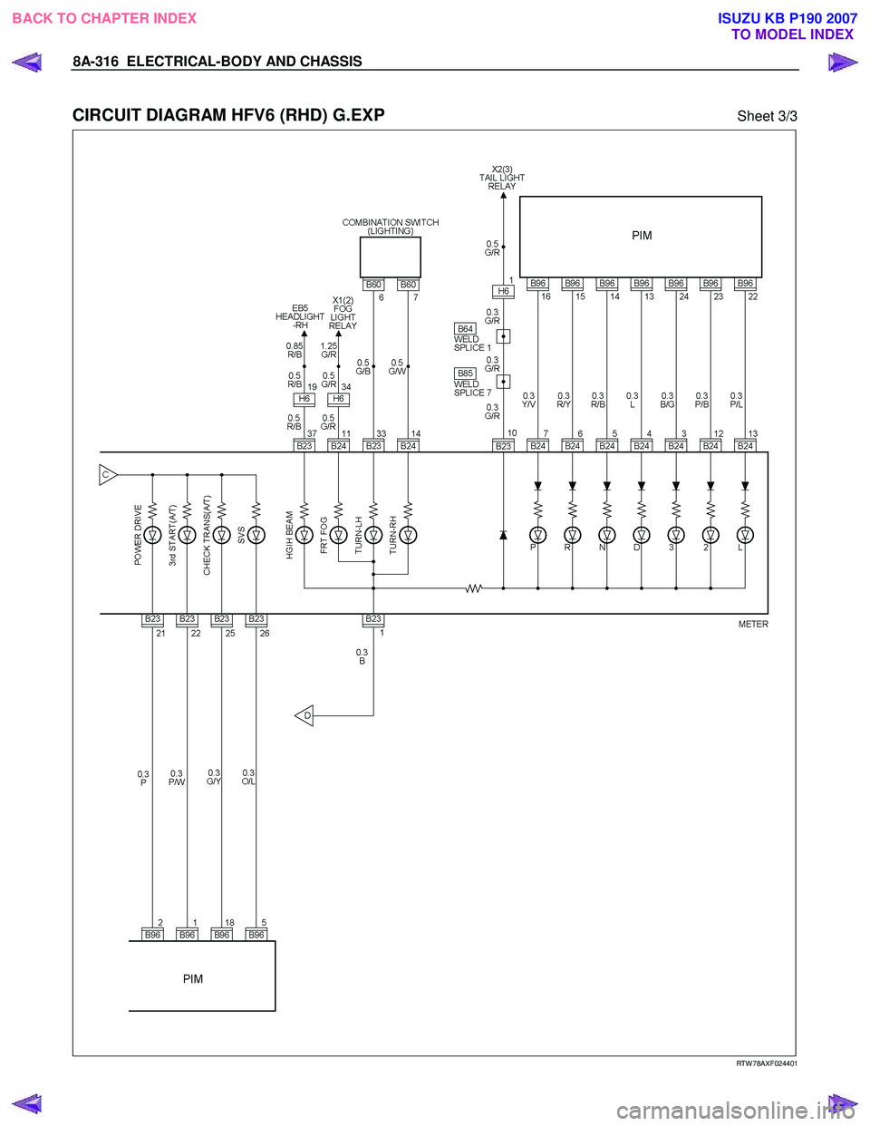 ISUZU KB P190 2007  Workshop Repair Manual 8A-316  ELECTRICAL-BODY AND CHASSIS 
 
CIRCUIT DIAGRAM HFV6 (RHD) G.EXP Sheet 3/3 
   
 
 
 
RTW 78AXF024401 
 
 
BACK TO CHAPTER INDEX TO MODEL INDEXISUZU KB P190 2007 