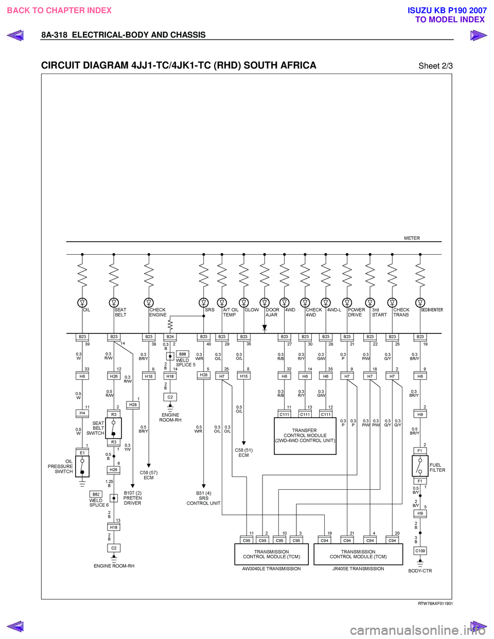 ISUZU KB P190 2007  Workshop Repair Manual 8A-318  ELECTRICAL-BODY AND CHASSIS 
 
CIRCUIT DIAGRAM 4JJ1-TC/4JK1-TC (RHD) SOUTH AFRICA Sheet 2/3 
   
 
 
 
 
 
 
 
 
 
 
 
 
 
 
 
 
 
 
RTW 78AXF011901 
 
BACK TO CHAPTER INDEX TO MODEL INDEXISUZ
