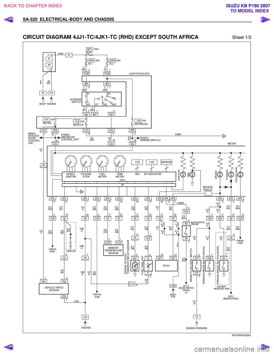 ISUZU KB P190 2007  Workshop Repair Manual 8A-320  ELECTRICAL-BODY AND CHASSIS 
 
CIRCUIT DIAGRAM 4JJ1-TC/4JK1-TC (RHD) EXCEPT SOUTH AFRICA Sheet 1/3 
  
  
RTW 78AXF032501 
 
BACK TO CHAPTER INDEX
TO MODEL INDEXISUZU KB P190 2007 
