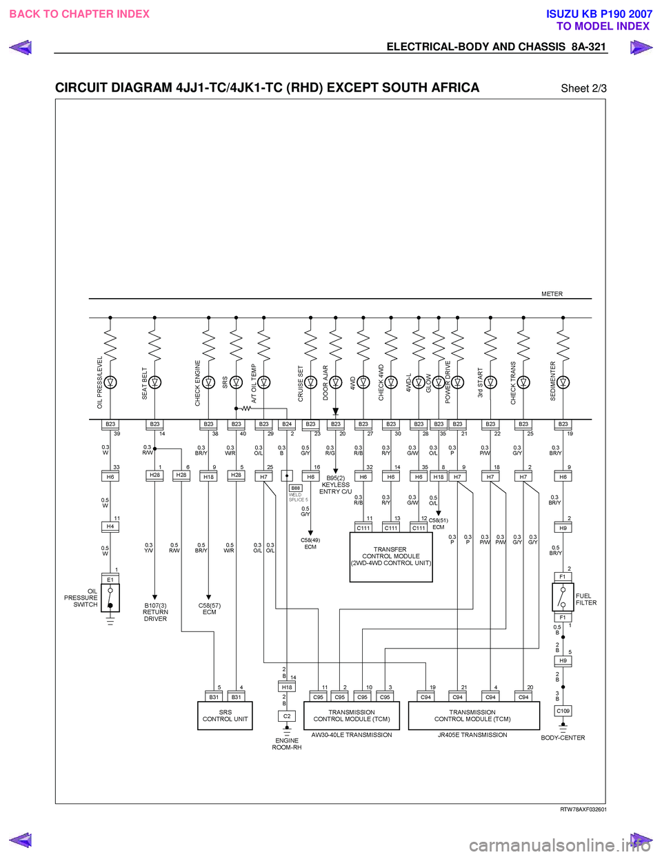 ISUZU KB P190 2007  Workshop Repair Manual ELECTRICAL-BODY AND CHASSIS  8A-321 
 
CIRCUIT DIAGRAM 4JJ1-TC/4JK1-TC (RHD) EXCEPT SOUTH AFRICA Sheet 2/3 
   
 
 
 
 
 
 
 
 
 
 
 
 
 
 
 RTW 78AXF032601 
 
 
BACK TO CHAPTER INDEX TO MODEL INDEXIS