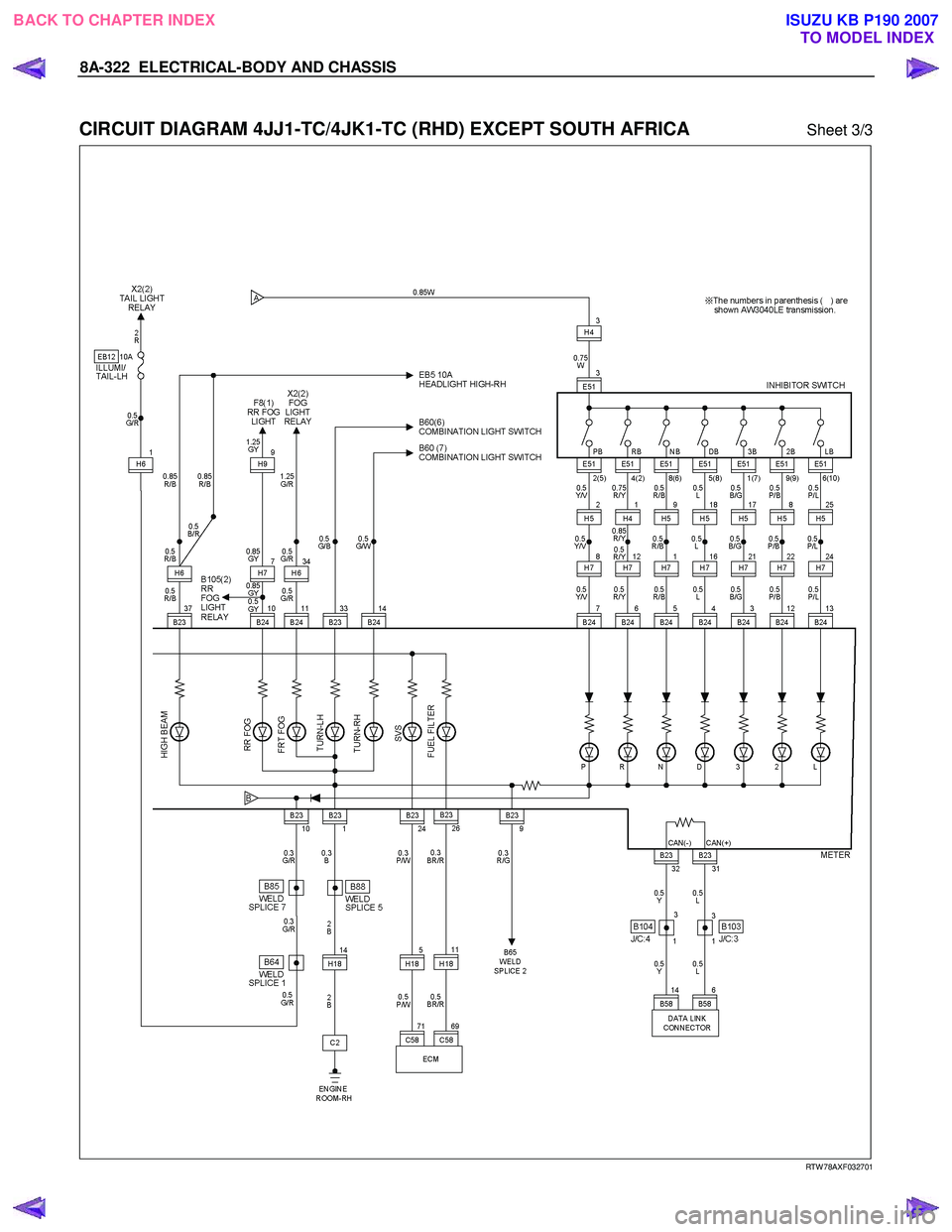 ISUZU KB P190 2007  Workshop Repair Manual 8A-322  ELECTRICAL-BODY AND CHASSIS 
 
CIRCUIT DIAGRAM 4JJ1-TC/4JK1-TC (RHD) EXCEPT SOUTH AFRICA Sheet 3/3 
   
 
 
 
 
 
  
 
 
 
 
RTW 78AXF032701 
 
 
BACK TO CHAPTER INDEX TO MODEL INDEXISUZU KB P