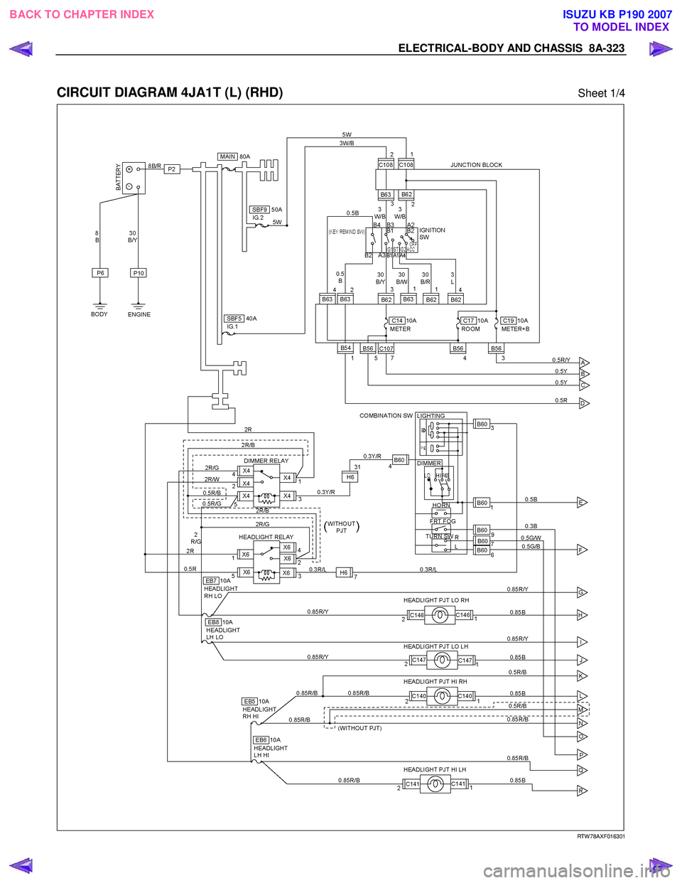 ISUZU KB P190 2007  Workshop Repair Manual ELECTRICAL-BODY AND CHASSIS  8A-323 
 
CIRCUIT DIAGRAM 4JA1T (L) (RHD) Sheet 1/4 
   
 
 
 
 
RTW 78AXF016301 
 
 
BACK TO CHAPTER INDEX TO MODEL INDEXISUZU KB P190 2007 