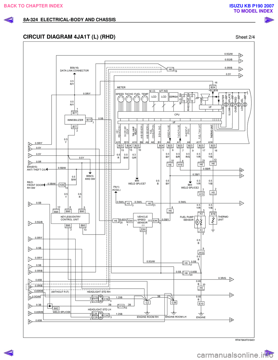 ISUZU KB P190 2007  Workshop Repair Manual 8A-324  ELECTRICAL-BODY AND CHASSIS 
 
CIRCUIT DIAGRAM 4JA1T (L) (RHD) Sheet 2/4 
   
 
 
 
RTW 78AXF016401 
 
 
BACK TO CHAPTER INDEX TO MODEL INDEXISUZU KB P190 2007 