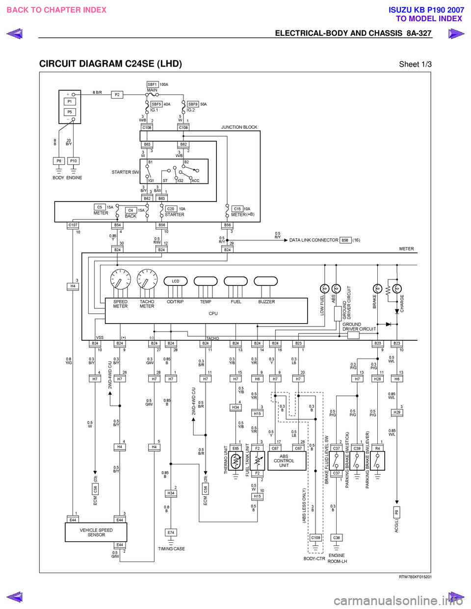 ISUZU KB P190 2007  Workshop Repair Manual ELECTRICAL-BODY AND CHASSIS  8A-327 
 
CIRCUIT DIAGRAM C24SE (LHD) Sheet 1/3 
  
  
RTW 780XF015201 
 
 
BACK TO CHAPTER INDEX TO MODEL INDEXISUZU KB P190 2007 