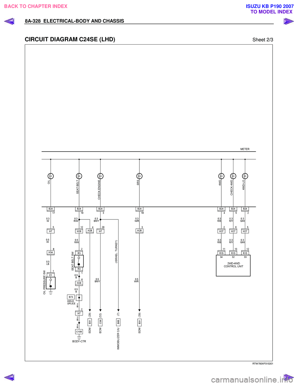 ISUZU KB P190 2007  Workshop Repair Manual 8A-328  ELECTRICAL-BODY AND CHASSIS 
 
CIRCUIT DIAGRAM C24SE (LHD) Sheet 2/3 
   
 
 
 
 
 
 
 
 
 
 
 
 
 
 
 
 
 
 
 
RTW 780XF015301 
 
 
BACK TO CHAPTER INDEX TO MODEL INDEXISUZU KB P190 2007 