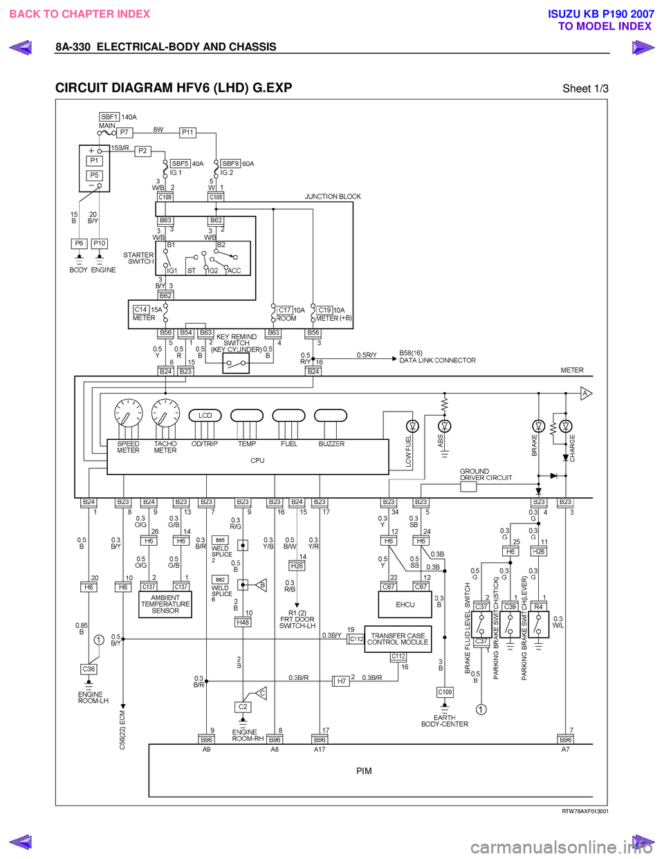 ISUZU KB P190 2007  Workshop Repair Manual 8A-330  ELECTRICAL-BODY AND CHASSIS 
 
CIRCUIT DIAGRAM HFV6 (LHD) G.EXP Sheet 1/3 
  
  
RTW 78AXF013001 
 
BACK TO CHAPTER INDEX
TO MODEL INDEXISUZU KB P190 2007 
