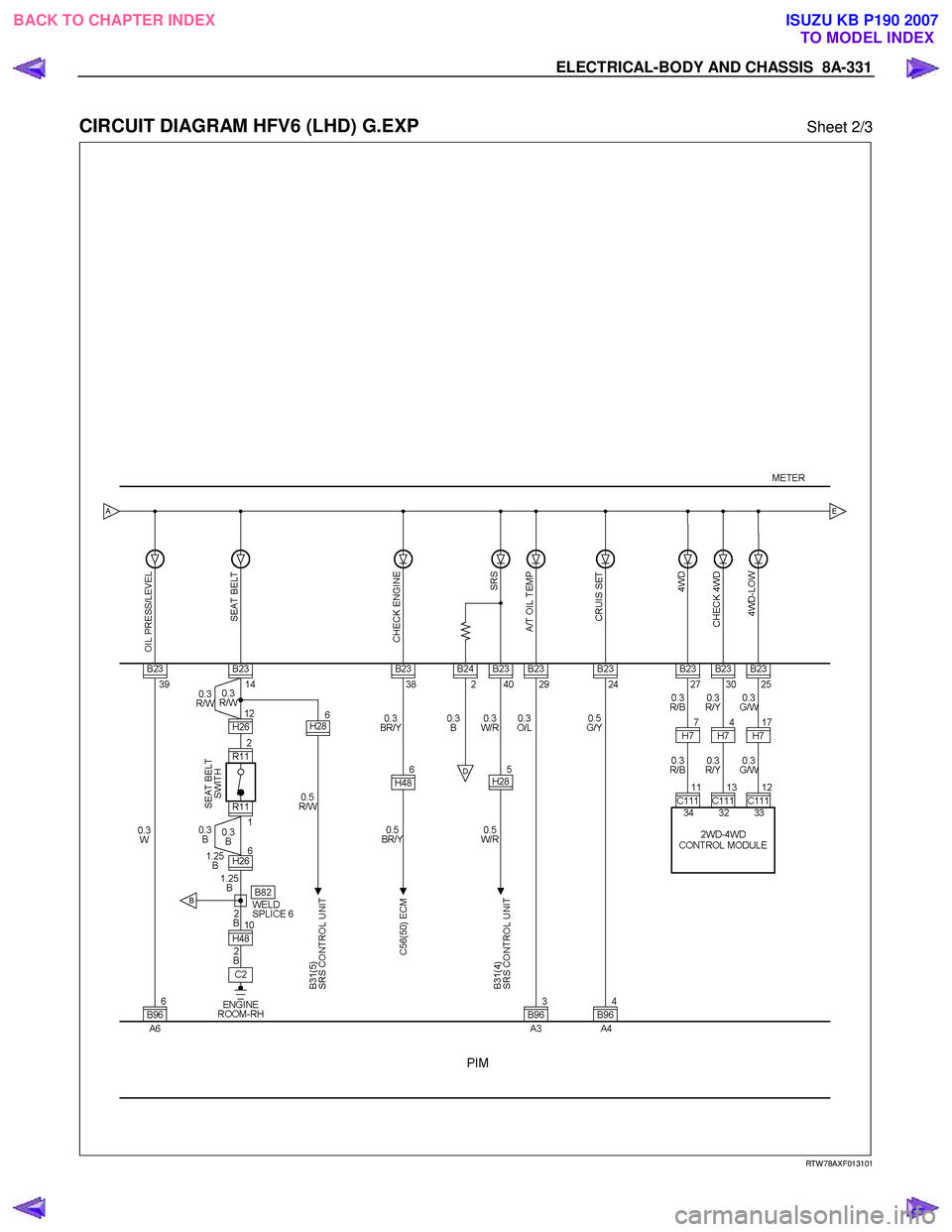 ISUZU KB P190 2007  Workshop Repair Manual ELECTRICAL-BODY AND CHASSIS  8A-331 
 
CIRCUIT DIAGRAM HFV6 (LHD) G.EXP Sheet 2/3 
   
 
 
 
 
 
 
 
 
 
 
 
 
 
 
 
 
 
 
 
 
 
RTW 78AXF013101 
 
 
BACK TO CHAPTER INDEX TO MODEL INDEXISUZU KB P190 