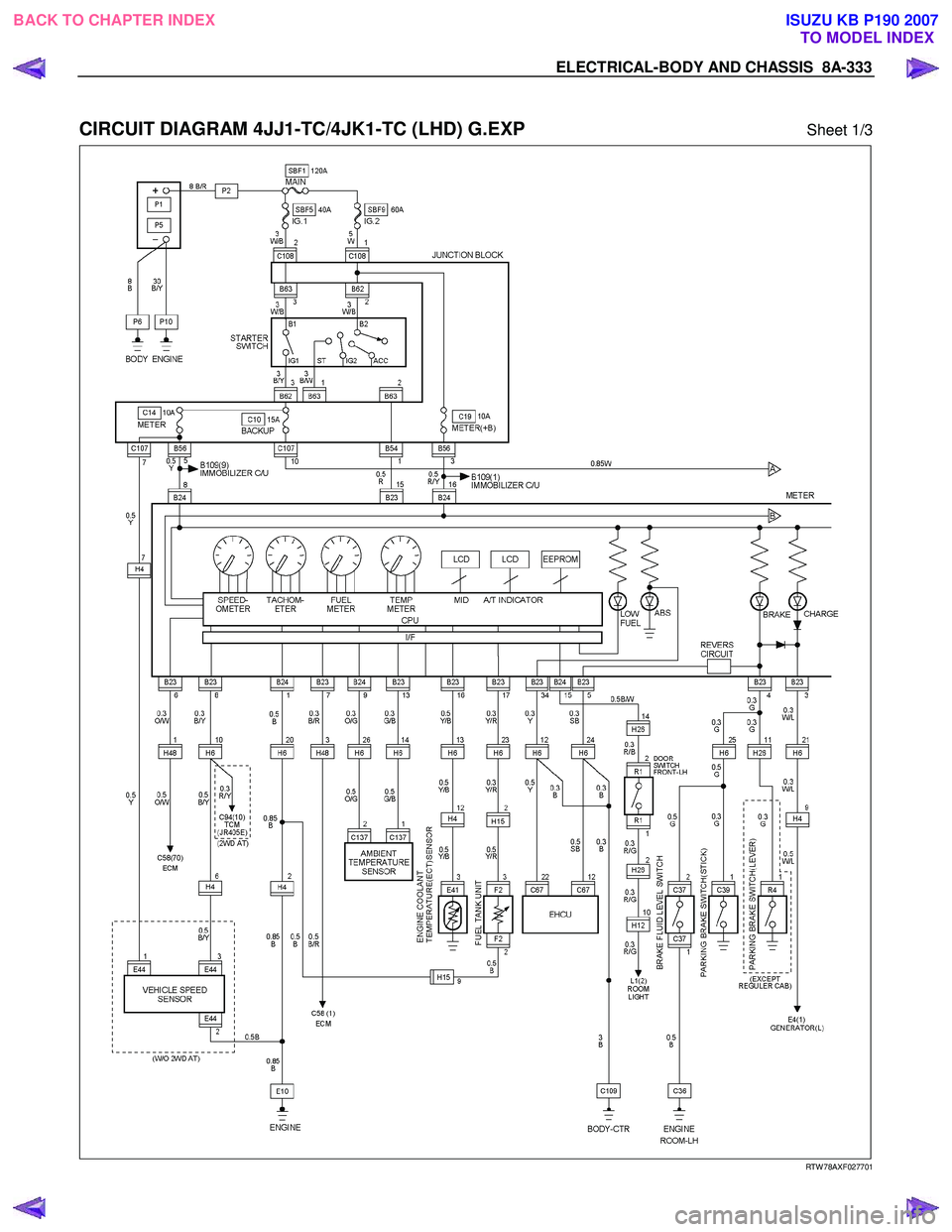 ISUZU KB P190 2007  Workshop Repair Manual ELECTRICAL-BODY AND CHASSIS  8A-333 
 
CIRCUIT DIAGRAM 4JJ1-TC/4JK1-TC (LHD) G.EXP Sheet 1/3 
  
  
RTW 78AXF027701 
 
 
BACK TO CHAPTER INDEX
TO MODEL INDEXISUZU KB P190 2007 