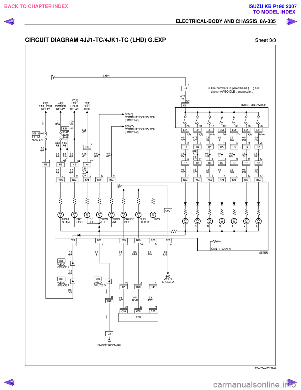 ISUZU KB P190 2007  Workshop Repair Manual ELECTRICAL-BODY AND CHASSIS  8A-335 
 
CIRCUIT DIAGRAM 4JJ1-TC/4JK1-TC (LHD) G.EXP Sheet 3/3 
   
 
 
 
 
 
 
 
RTW 78AXF027901 
 
 
BACK TO CHAPTER INDEX TO MODEL INDEXISUZU KB P190 2007 