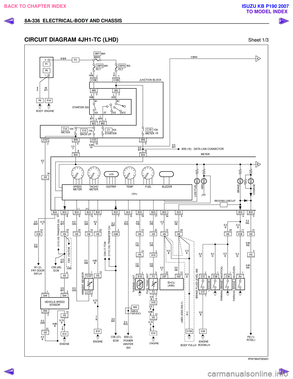 ISUZU KB P190 2007  Workshop Repair Manual 8A-336  ELECTRICAL-BODY AND CHASSIS 
 
CIRCUIT DIAGRAM 4JH1-TC (LHD) Sheet 1/3 
  
  
RTW 78AXF005401 
 
 
BACK TO CHAPTER INDEX
TO MODEL INDEXISUZU KB P190 2007 