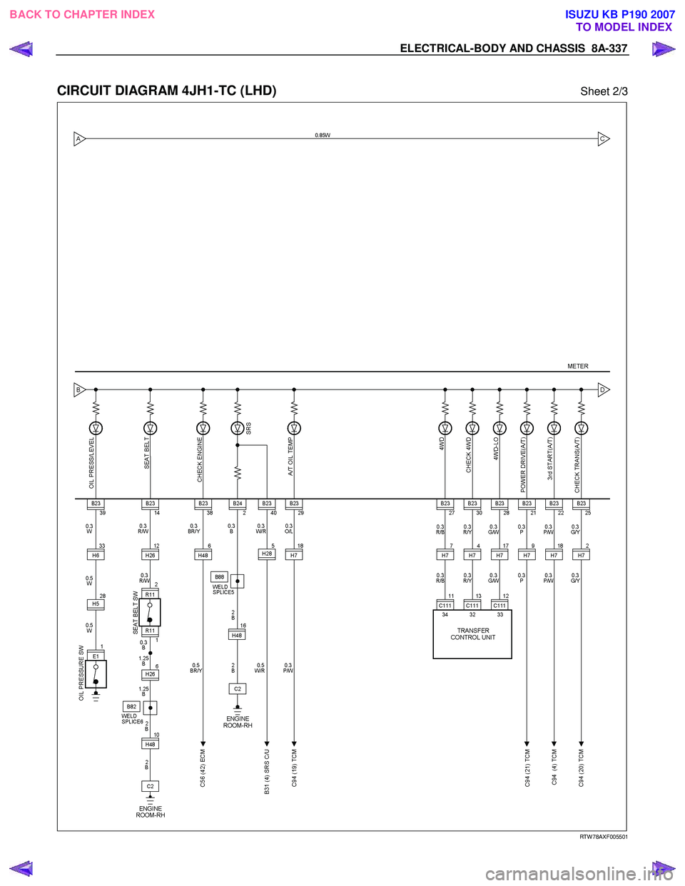ISUZU KB P190 2007  Workshop Repair Manual ELECTRICAL-BODY AND CHASSIS  8A-337 
 
CIRCUIT DIAGRAM 4JH1-TC (LHD) Sheet 2/3 
   
 
   
RTW 78AXF005501 
 
 
BACK TO CHAPTER INDEX
TO MODEL INDEXISUZU KB P190 2007 