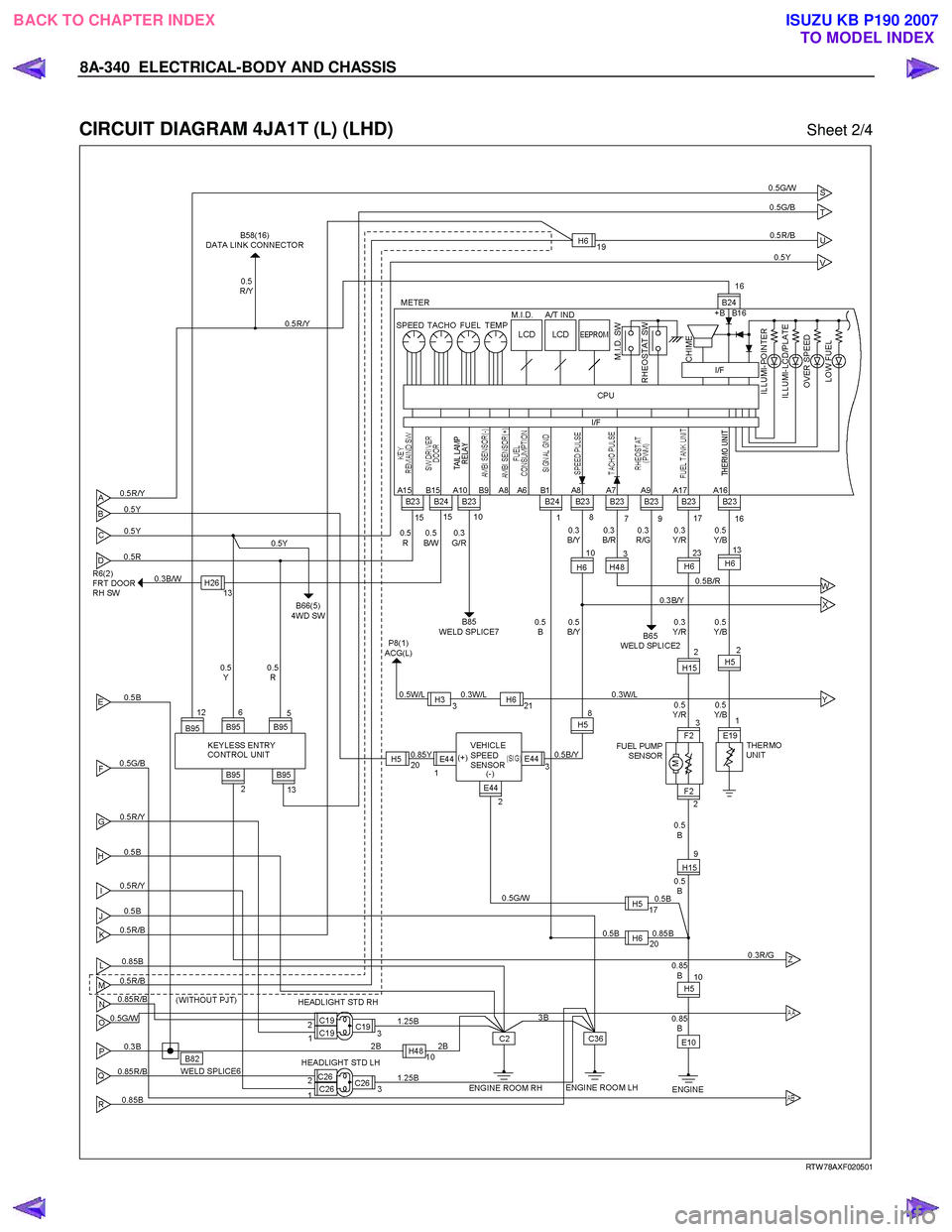 ISUZU KB P190 2007  Workshop Repair Manual 8A-340  ELECTRICAL-BODY AND CHASSIS 
 
CIRCUIT DIAGRAM 4JA1T (L) (LHD) Sheet 2/4 
   
 
 RTW 78AXF020501 
 
 
BACK TO CHAPTER INDEX TO MODEL INDEXISUZU KB P190 2007 