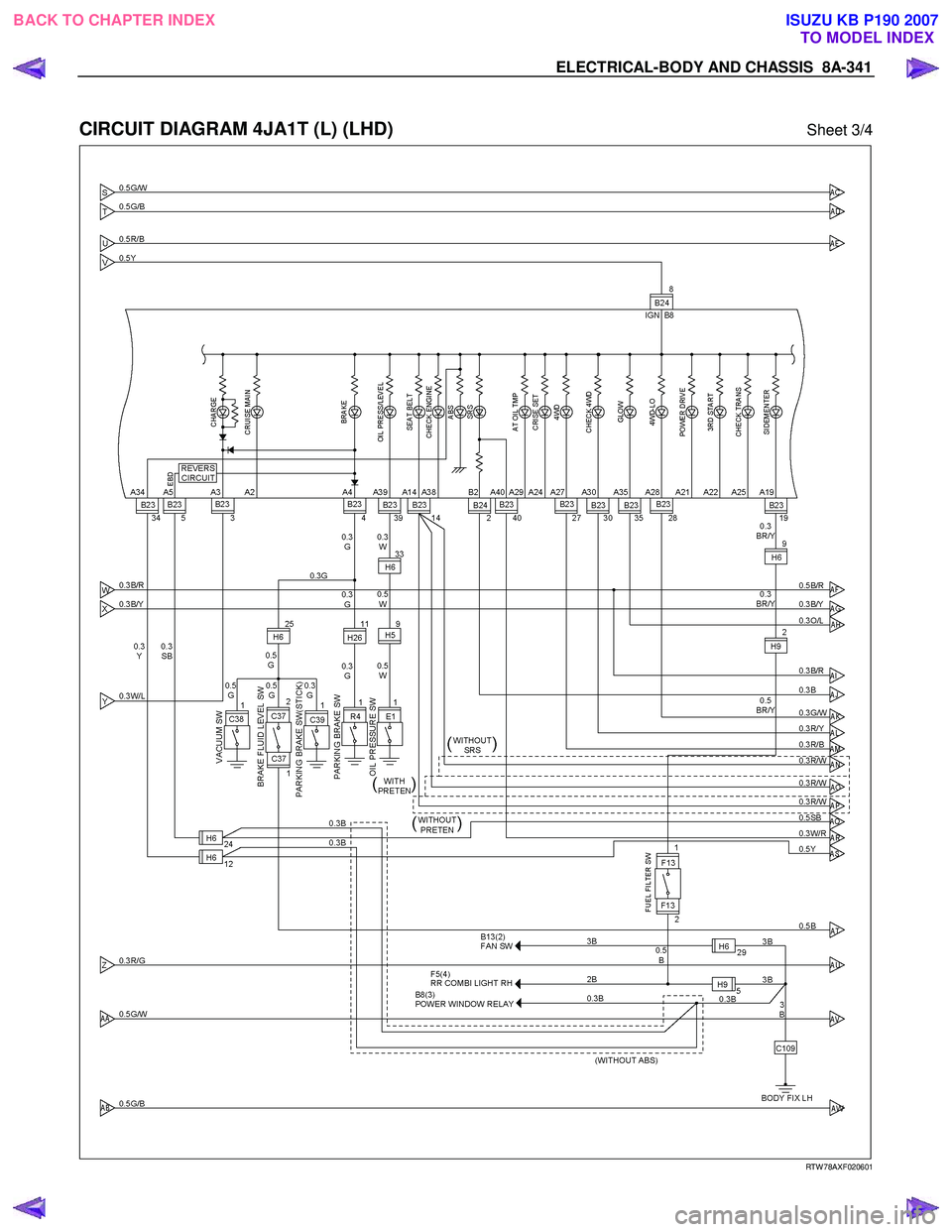 ISUZU KB P190 2007  Workshop Repair Manual ELECTRICAL-BODY AND CHASSIS  8A-341 
 
CIRCUIT DIAGRAM 4JA1T (L) (LHD) Sheet 3/4 
   
 
 
 
RTW 78AXF020601 
 
 
BACK TO CHAPTER INDEX TO MODEL INDEXISUZU KB P190 2007 