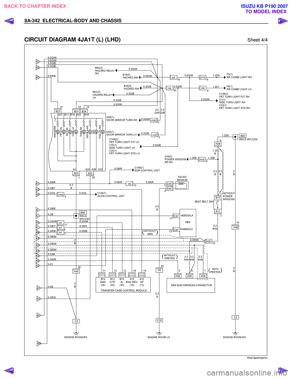 ISUZU KB P190 2007  Workshop Repair Manual 8A-342  ELECTRICAL-BODY AND CHASSIS 
 
CIRCUIT DIAGRAM 4JA1T (L) (LHD) Sheet 4/4 
   
 
 
 
RTW 78AXF020701 
 
 
BACK TO CHAPTER INDEX TO MODEL INDEXISUZU KB P190 2007 