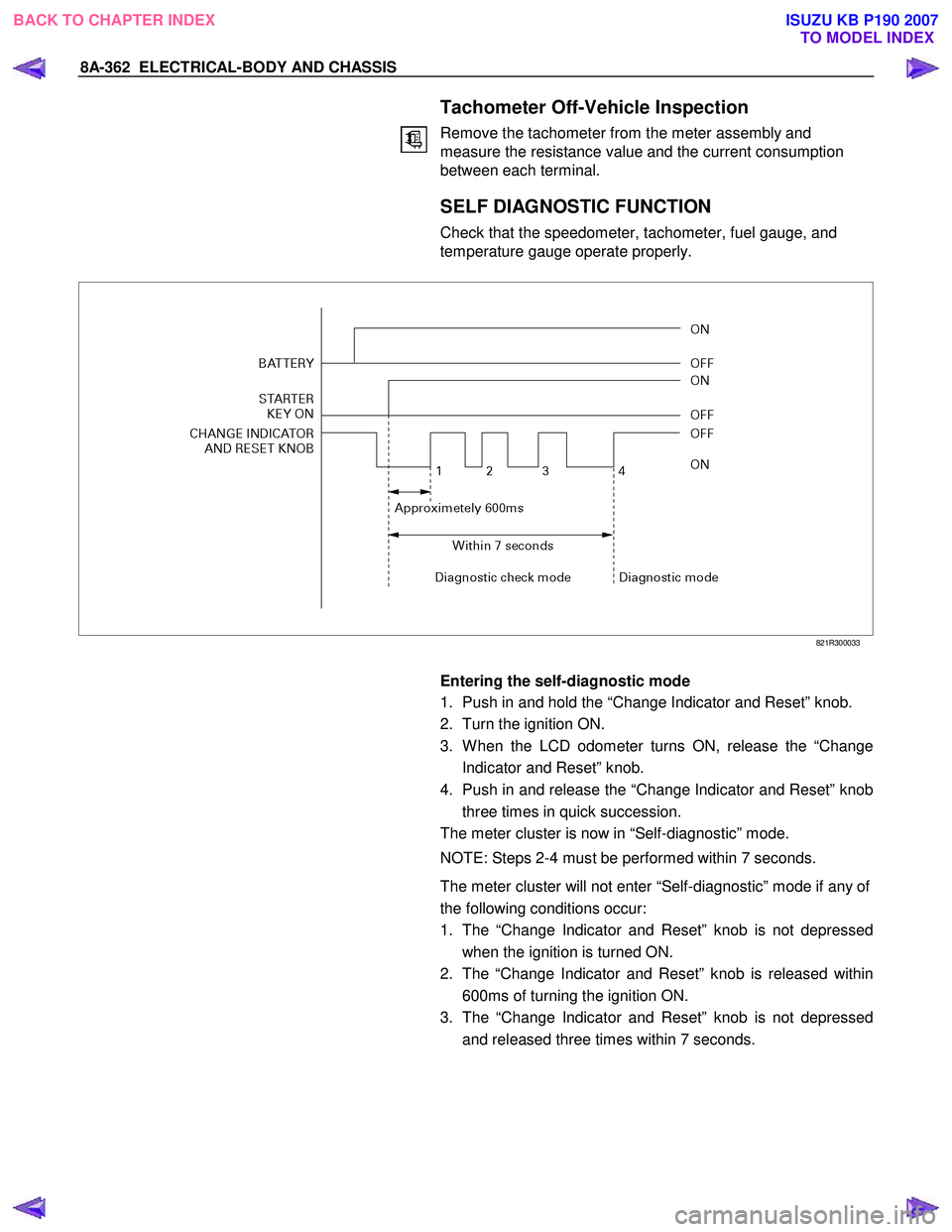 ISUZU KB P190 2007  Workshop Repair Manual 8A-362  ELECTRICAL-BODY AND CHASSIS 
   Tachometer Off-Vehicle Inspection 
Remove the tachometer from the meter assembly and  
measure the resistance value and the current consumption 
between each te