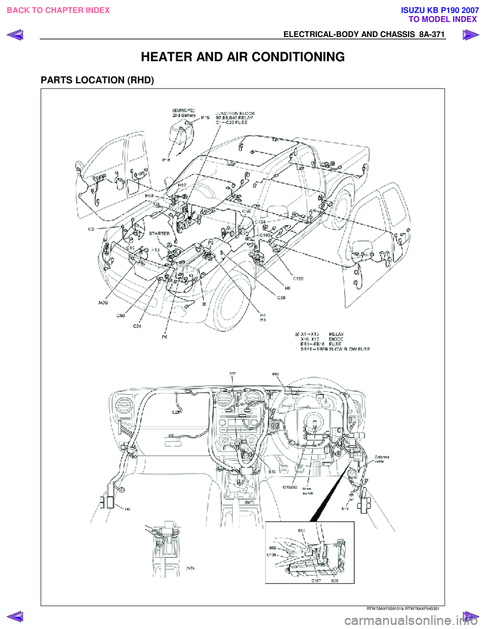 ISUZU KB P190 2007  Workshop Repair Manual ELECTRICAL-BODY AND CHASSIS  8A-371 
HEATER AND AIR CONDITIONING 
PARTS LOCATION (RHD) 
  
 
 
  
 
 
 
RTW 78AXF039101& RTW 78AXF045301 
 
BACK TO CHAPTER INDEX TO MODEL INDEXISUZU KB P190 2007 