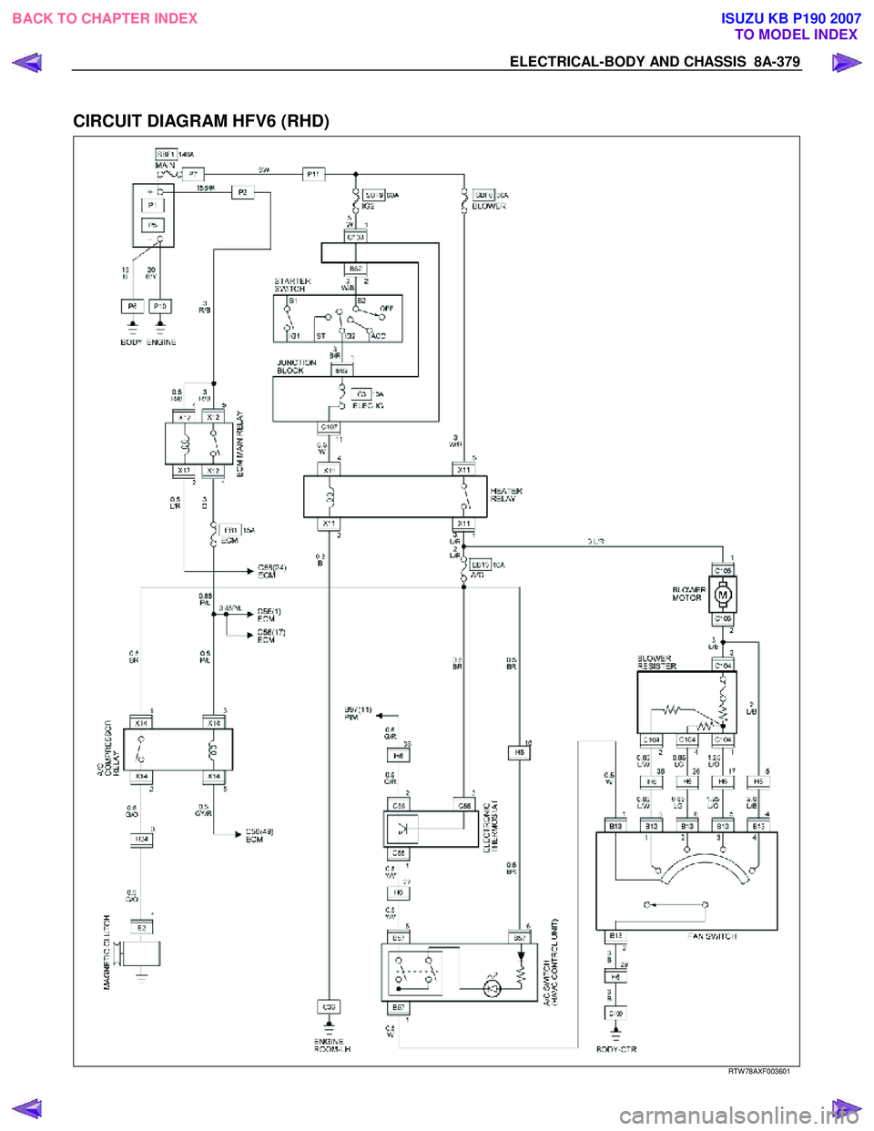 ISUZU KB P190 2007  Workshop Repair Manual ELECTRICAL-BODY AND CHASSIS  8A-379 
  
CIRCUIT DIAGRAM HFV6 (RHD) 
 
   
RTW 78AXF003601 
 
BACK TO CHAPTER INDEX
TO MODEL INDEXISUZU KB P190 2007 