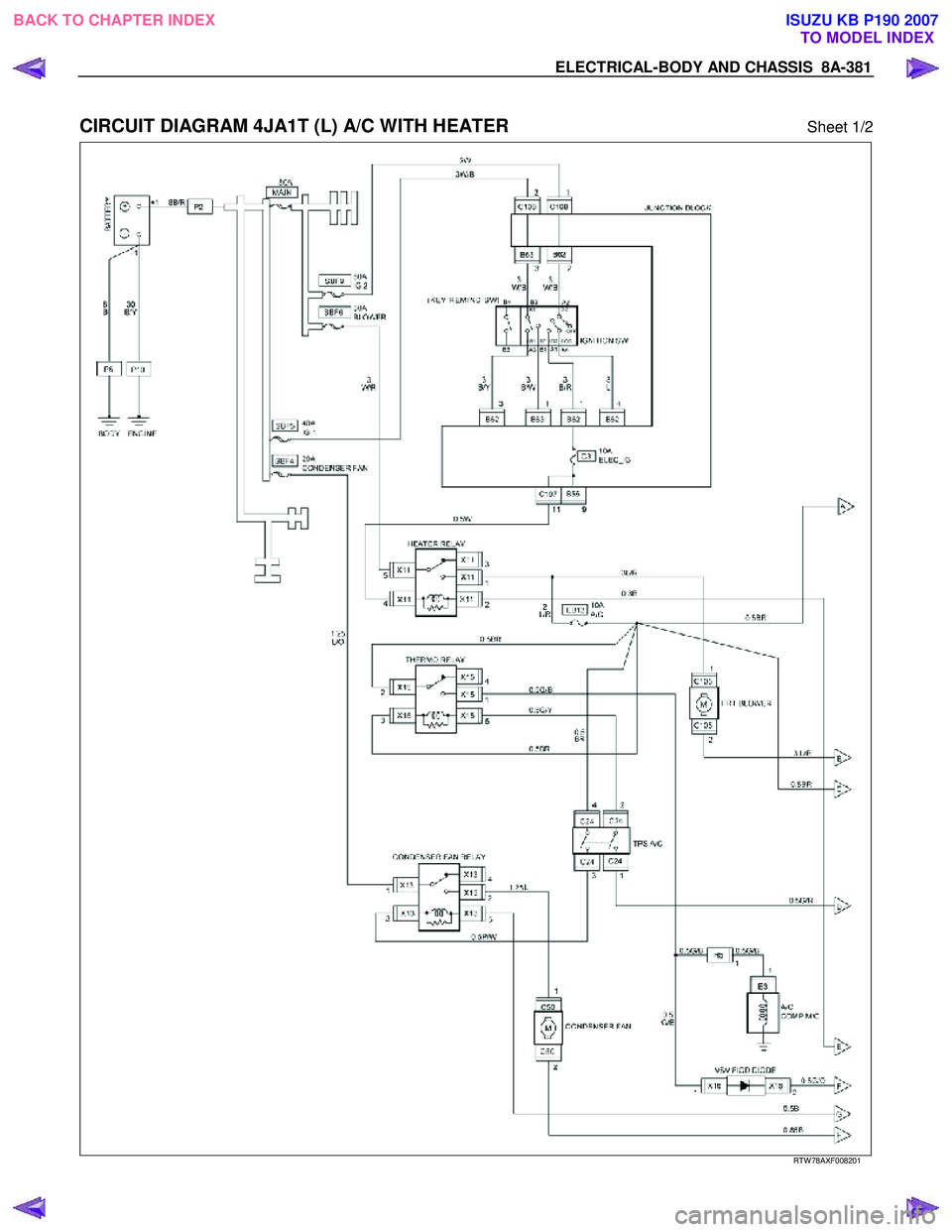 ISUZU KB P190 2007  Workshop Repair Manual ELECTRICAL-BODY AND CHASSIS  8A-381 
 
CIRCUIT DIAGRAM 4JA1T (L) A/C WITH HEATER  Sheet 1/2 
 
  
RTW 78AXF008201 
 
BACK TO CHAPTER INDEX
TO MODEL INDEXISUZU KB P190 2007 