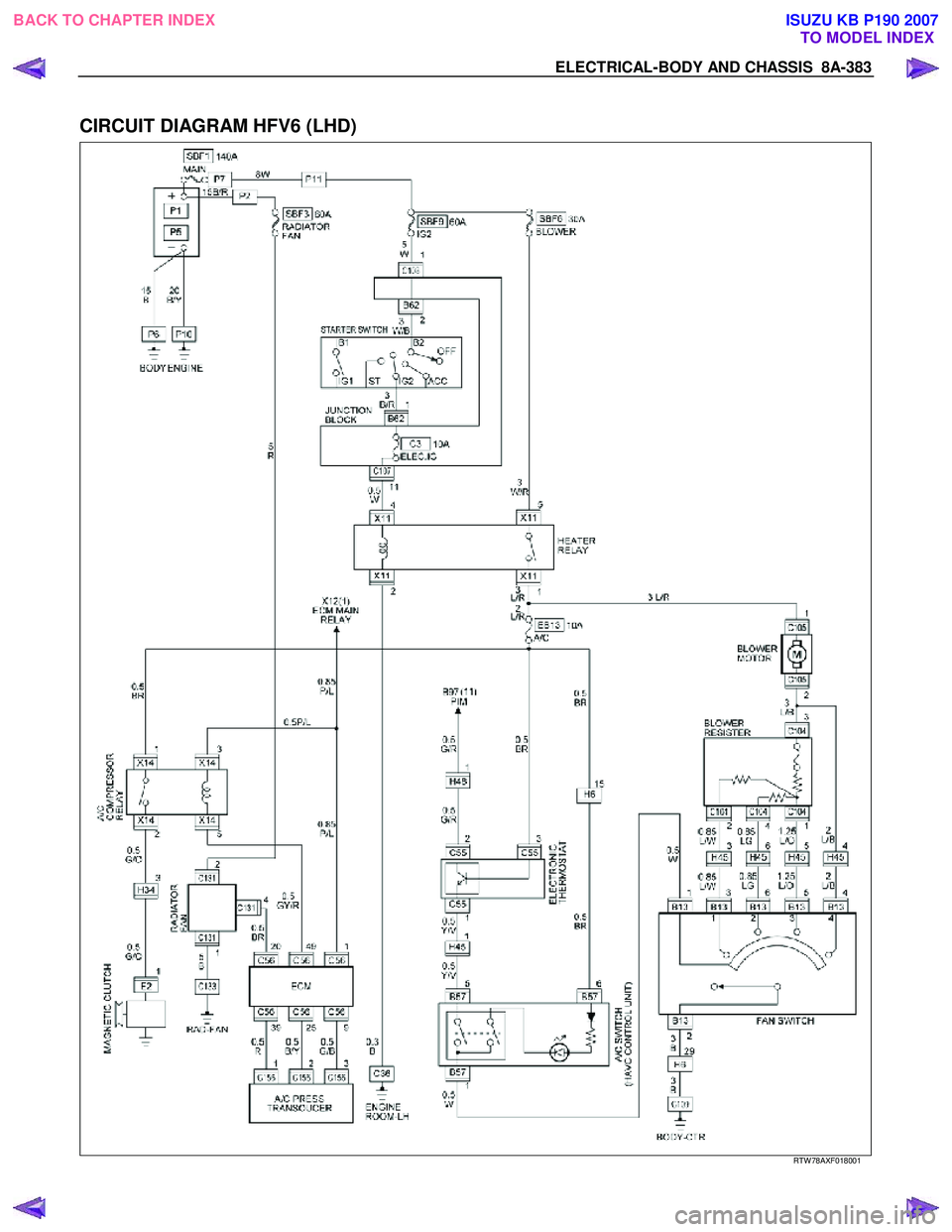 ISUZU KB P190 2007  Workshop Repair Manual ELECTRICAL-BODY AND CHASSIS  8A-383 
 
CIRCUIT DIAGRAM HFV6 (LHD) 
 
  
RTW 78AXF018001 
 
BACK TO CHAPTER INDEX
TO MODEL INDEXISUZU KB P190 2007 