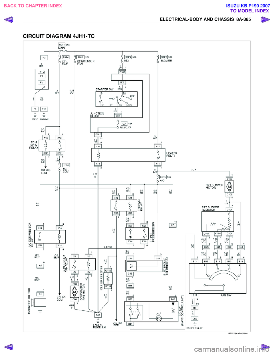 ISUZU KB P190 2007  Workshop Repair Manual ELECTRICAL-BODY AND CHASSIS  8A-385 
 
CIRCUIT DIAGRAM 4JH1-TC  
 
  
RTW 78AXF007901 
 
BACK TO CHAPTER INDEX
TO MODEL INDEXISUZU KB P190 2007 