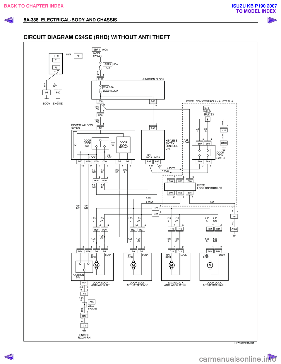 ISUZU KB P190 2007  Workshop Repair Manual 8A-388  ELECTRICAL-BODY AND CHASSIS 
 
CIRCUIT DIAGRAM C24SE (RHD) WITHOUT ANTI THEFT 
  
  RTW 780XF013801 
 
BACK TO CHAPTER INDEX
TO MODEL INDEXISUZU KB P190 2007 