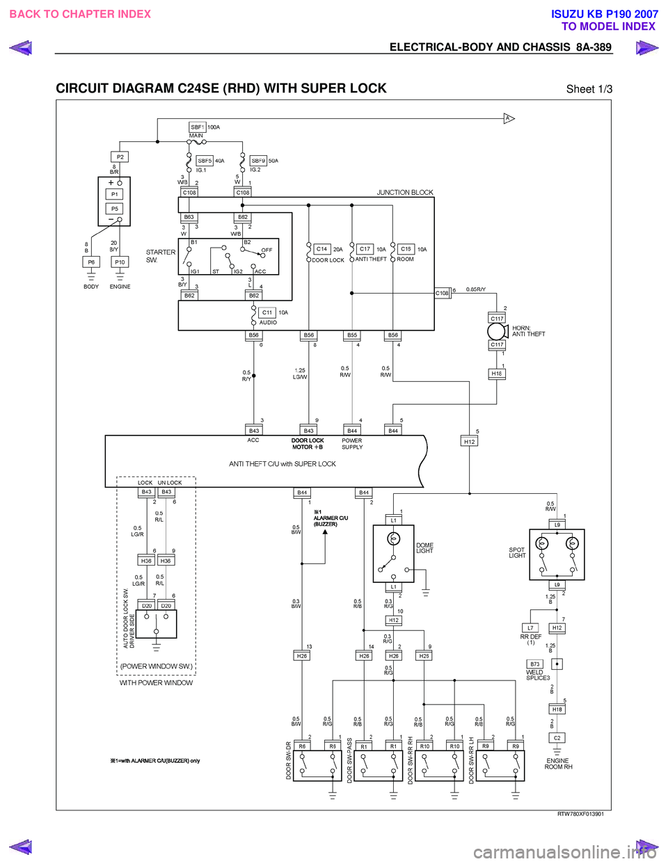 ISUZU KB P190 2007  Workshop Repair Manual ELECTRICAL-BODY AND CHASSIS  8A-389 
 
CIRCUIT DIAGRAM C24SE (RHD) WITH SUPER LOCK Sheet 1/3 
  
  
RTW 780XF013901 
 
BACK TO CHAPTER INDEX
TO MODEL INDEXISUZU KB P190 2007 