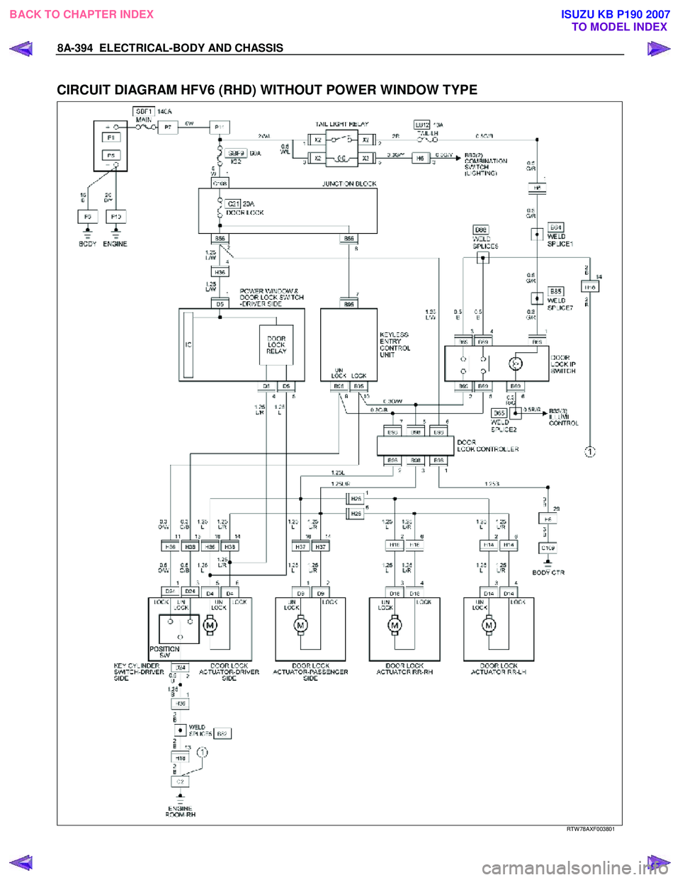 ISUZU KB P190 2007  Workshop Repair Manual 8A-394  ELECTRICAL-BODY AND CHASSIS 
 
CIRCUIT DIAGRAM HFV6 (RHD) WITHOUT POWER WINDOW TYPE 
 
  
RTW 78AXF003801 
 
BACK TO CHAPTER INDEX
TO MODEL INDEXISUZU KB P190 2007 