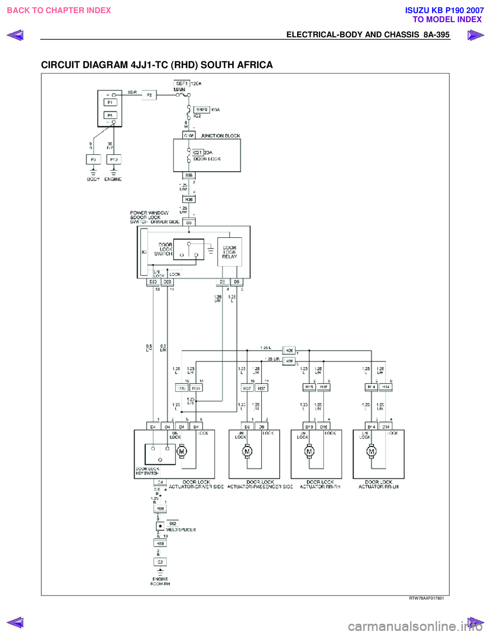 ISUZU KB P190 2007  Workshop Repair Manual ELECTRICAL-BODY AND CHASSIS  8A-395 
 
CIRCUIT DIAGRAM 4JJ1-TC (RHD) SOUTH AFRICA 
 
  
RTW 78AXF017601 
 
BACK TO CHAPTER INDEX TO MODEL INDEXISUZU KB P190 2007 