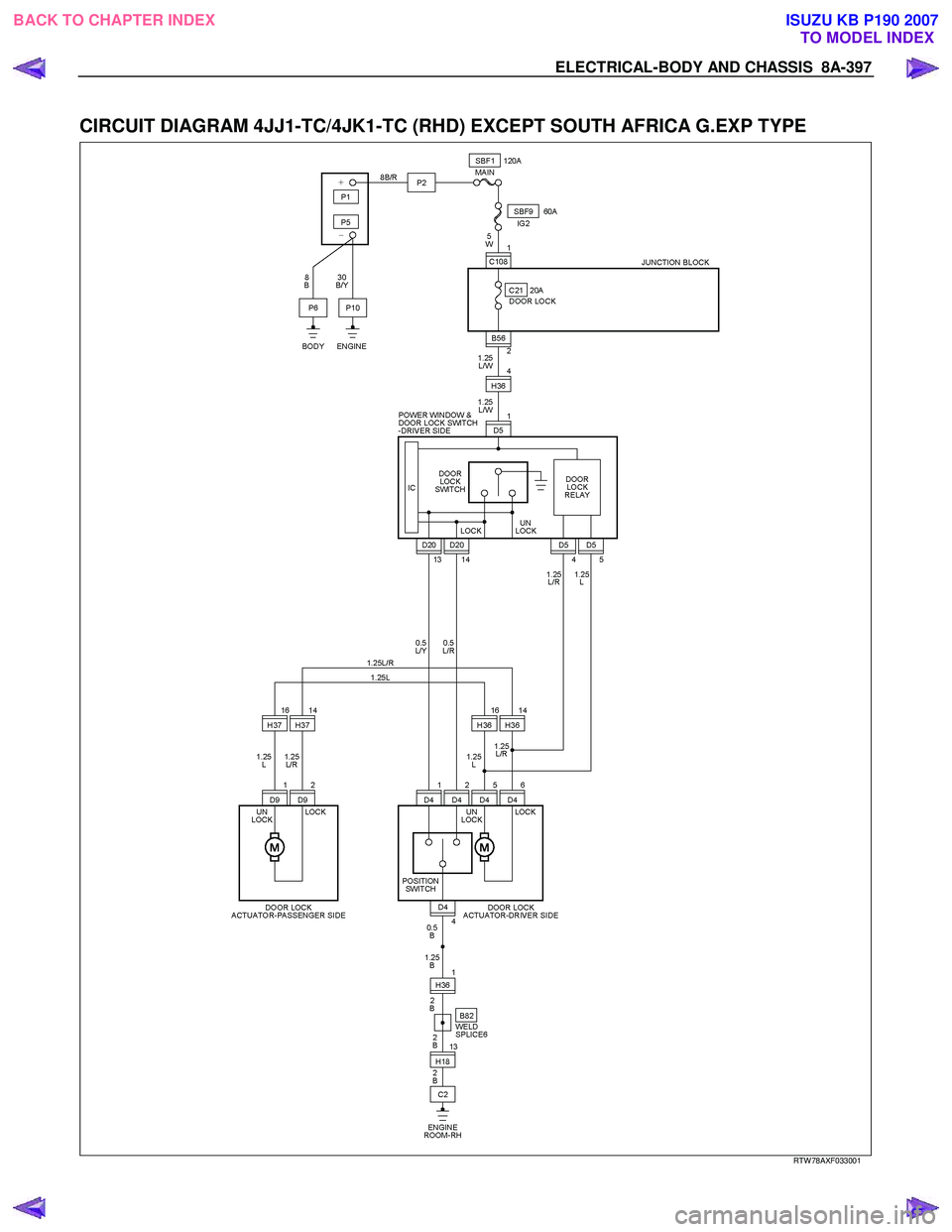 ISUZU KB P190 2007  Workshop Repair Manual ELECTRICAL-BODY AND CHASSIS  8A-397 
 
CIRCUIT DIAGRAM 4JJ1-TC/4JK1-TC (RHD) EXCEPT SOUTH AFRICA G.EXP TYPE 
 
  
RTW 78AXF033001 
 
BACK TO CHAPTER INDEX
TO MODEL INDEXISUZU KB P190 2007 