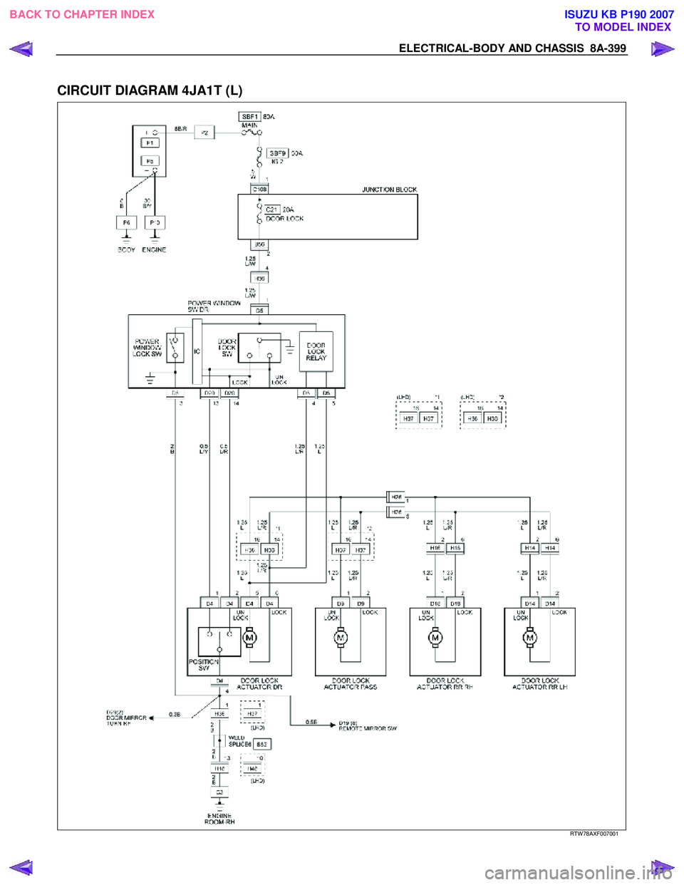 ISUZU KB P190 2007  Workshop Repair Manual ELECTRICAL-BODY AND CHASSIS  8A-399 
 
CIRCUIT DIAGRAM 4JA1T (L) 
 
  RTW 78AXF007001 
 
BACK TO CHAPTER INDEX
TO MODEL INDEXISUZU KB P190 2007 