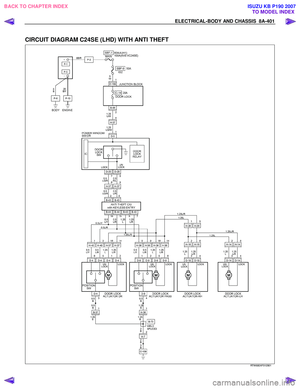 ISUZU KB P190 2007  Workshop Repair Manual ELECTRICAL-BODY AND CHASSIS  8A-401 
 
CIRCUIT DIAGRAM C24SE (LHD) WITH ANTI THEFT 
  
  
RTW 680XF012901 
 
 
BACK TO CHAPTER INDEX
TO MODEL INDEXISUZU KB P190 2007 