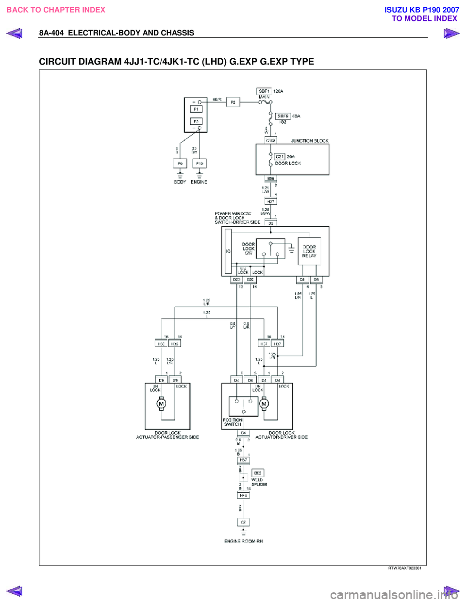 ISUZU KB P190 2007  Workshop Repair Manual 8A-404  ELECTRICAL-BODY AND CHASSIS 
 
CIRCUIT DIAGRAM 4JJ1-TC/4JK1-TC (LHD) G.EXP G.EXP TYPE 
   
 
 
 
RTW 78AXF023301 
 
BACK TO CHAPTER INDEX TO MODEL INDEXISUZU KB P190 2007 