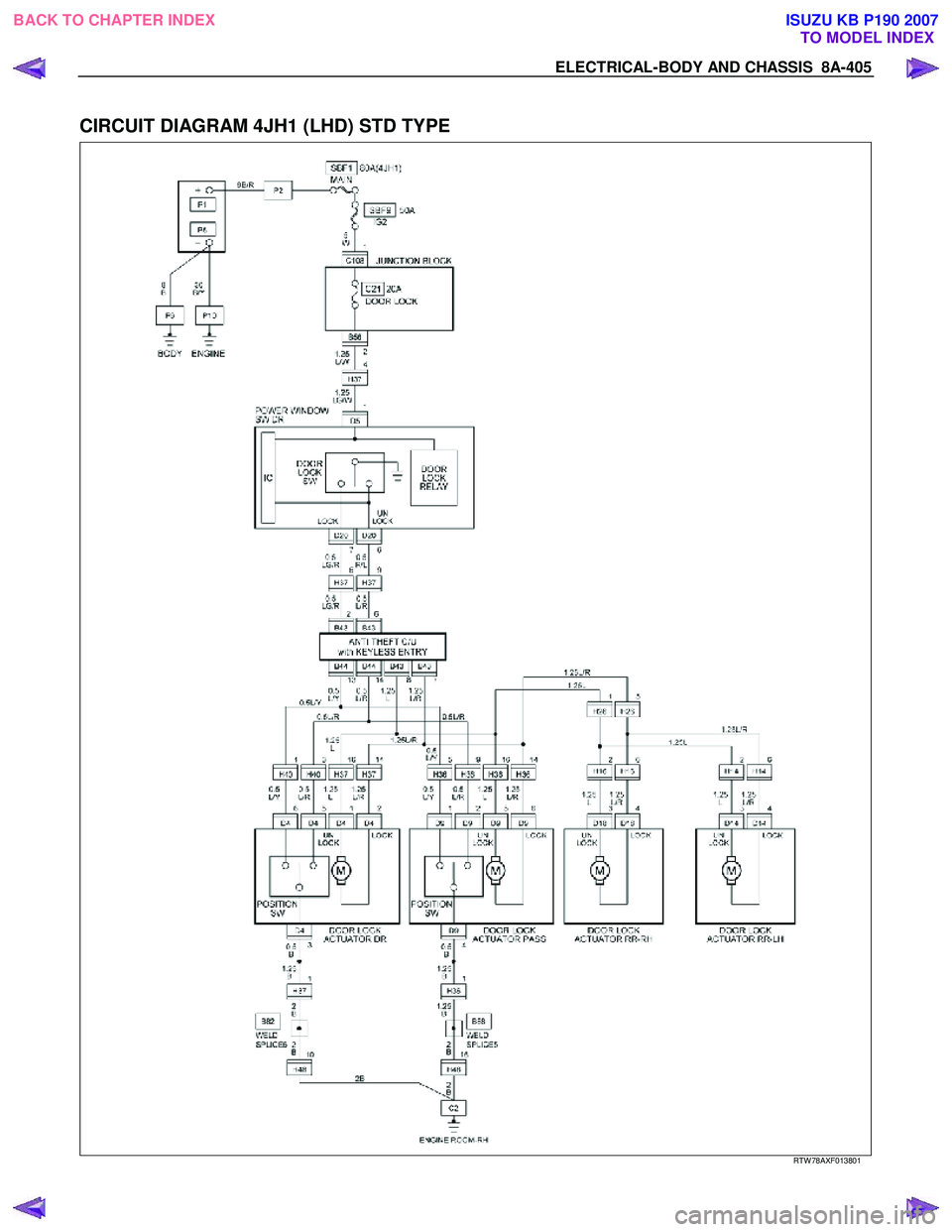 ISUZU KB P190 2007  Workshop Repair Manual ELECTRICAL-BODY AND CHASSIS  8A-405 
 
CIRCUIT DIAGRAM 4JH1 (LHD) STD TYPE 
  
  
RTW 78AXF013801 
 
BACK TO CHAPTER INDEX
TO MODEL INDEXISUZU KB P190 2007 
