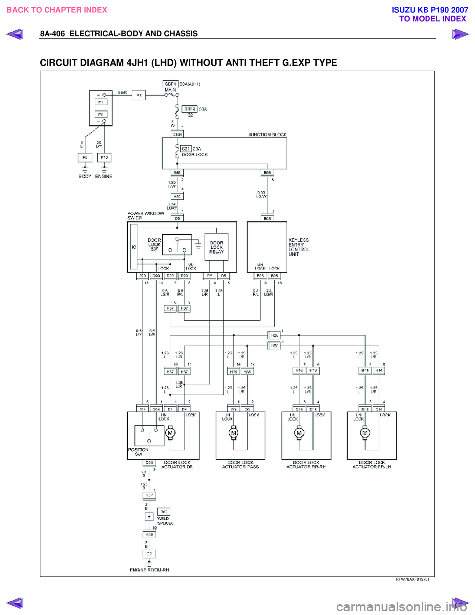 ISUZU KB P190 2007  Workshop Repair Manual 8A-406  ELECTRICAL-BODY AND CHASSIS 
 
CIRCUIT DIAGRAM 4JH1 (LHD) WITHOUT ANTI THEFT G.EXP TYPE 
  
  RTW 78AXF013701 
 
BACK TO CHAPTER INDEX
TO MODEL INDEXISUZU KB P190 2007 