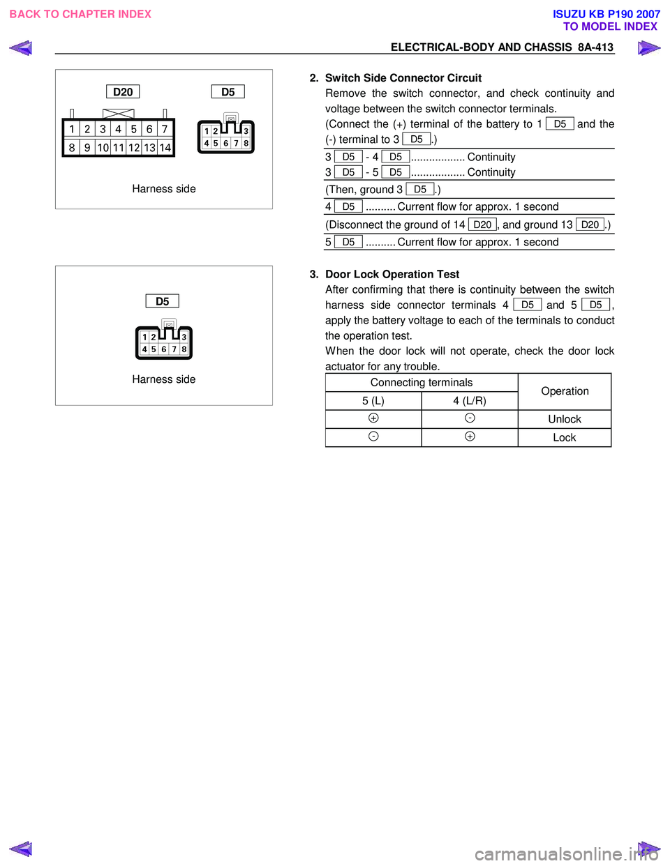 ISUZU KB P190 2007  Workshop Repair Manual ELECTRICAL-BODY AND CHASSIS  8A-413 
   
 
 
  
   
Harness side 
D20 D5 
 
  2.  Switch Side Connector Circuit  
  Remove the switch connector, and check continuity and voltage between the switch con