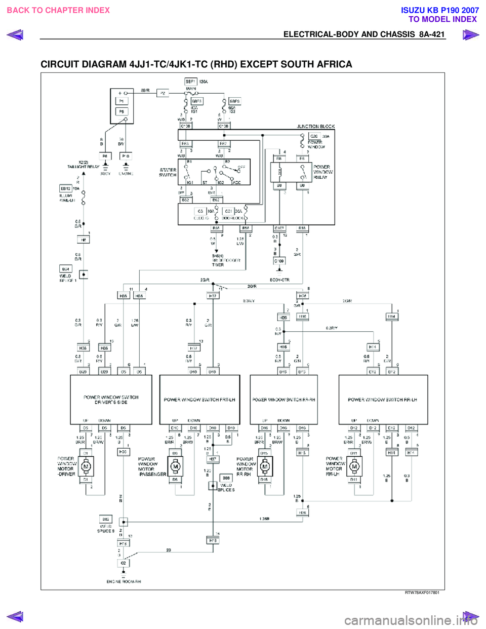ISUZU KB P190 2007  Workshop Repair Manual ELECTRICAL-BODY AND CHASSIS  8A-421 
 
CIRCUIT DIAGRAM 4JJ1-TC/4JK1-TC (RHD) EXCEPT SOUTH AFRICA 
 
  
RTW 78AXF017801 
 
BACK TO CHAPTER INDEX
TO MODEL INDEXISUZU KB P190 2007 