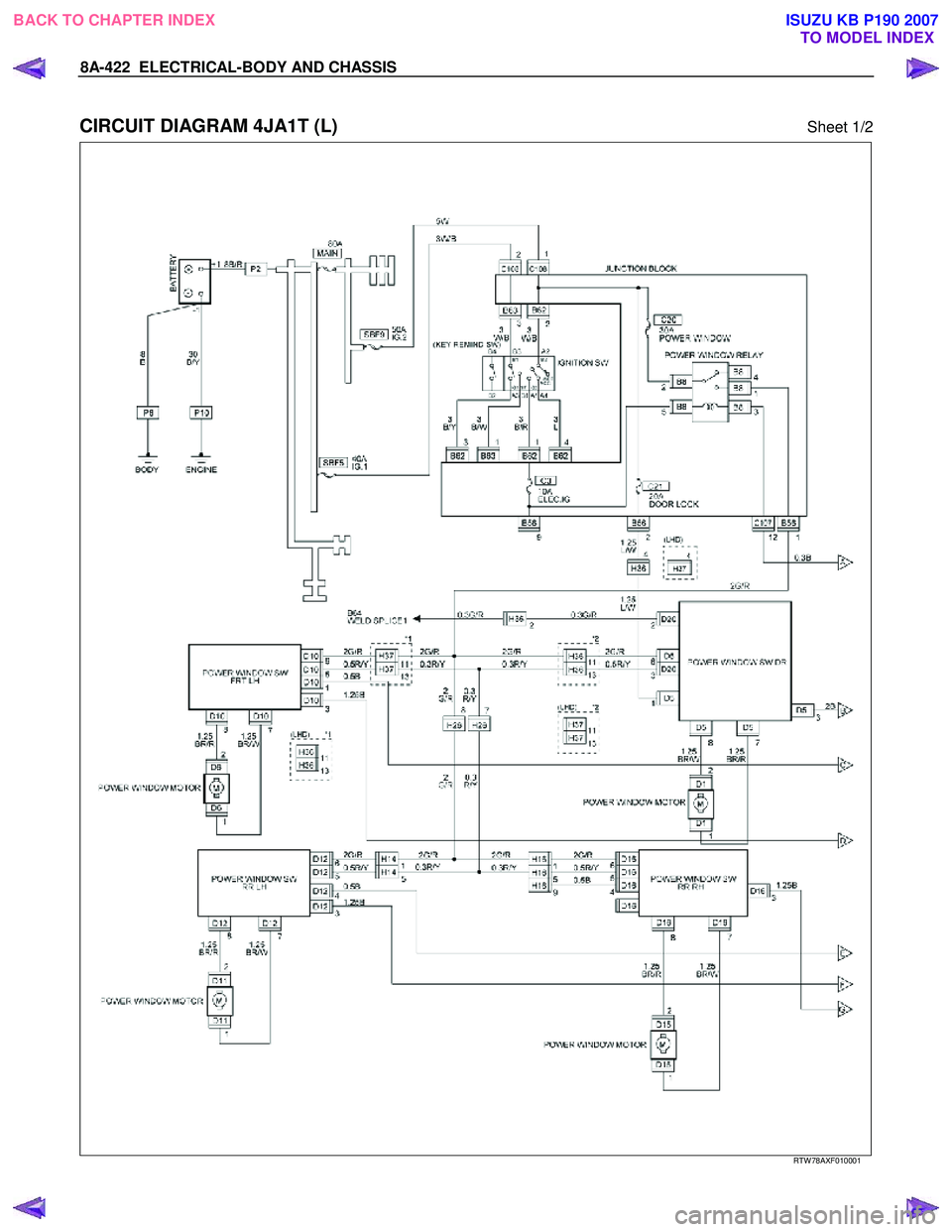 ISUZU KB P190 2007  Workshop Repair Manual 8A-422  ELECTRICAL-BODY AND CHASSIS 
 
CIRCUIT DIAGRAM 4JA1T (L)  Sheet 1/2 
   
 
 
 
 
 
 
RTW 78AXF010001 
 
BACK TO CHAPTER INDEX TO MODEL INDEXISUZU KB P190 2007 