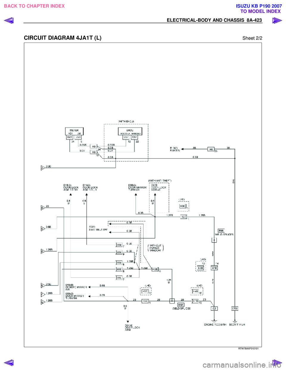 ISUZU KB P190 2007  Workshop Repair Manual ELECTRICAL-BODY AND CHASSIS  8A-423 
 
CIRCUIT DIAGRAM 4JA1T (L)  Sheet 2/2 
   
 
 
 
 
 
 
 
 
 
 
 
 
 
 
 
 
RTW 78AXF010101 
 
BACK TO CHAPTER INDEX TO MODEL INDEXISUZU KB P190 2007 
