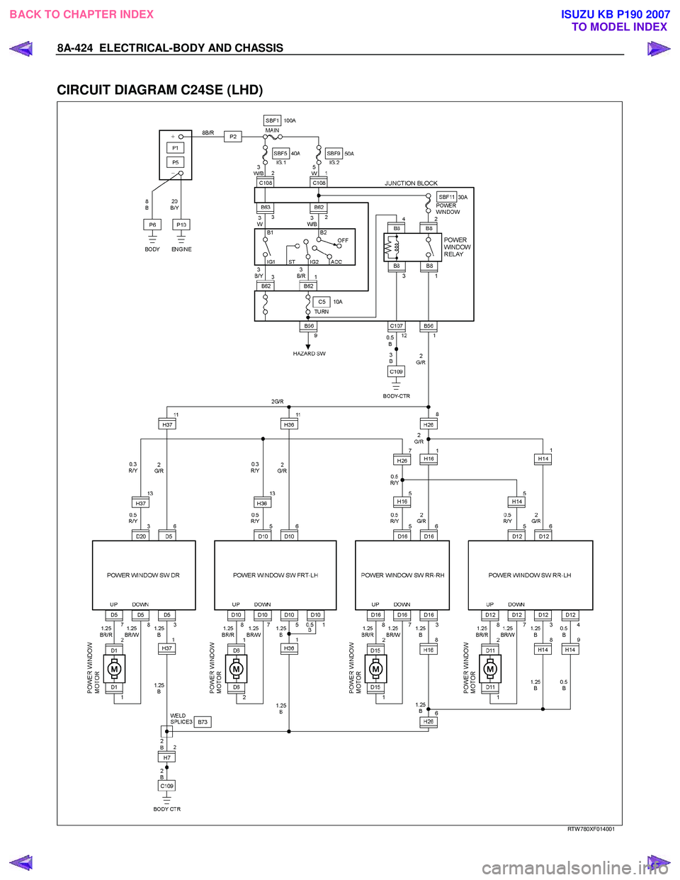 ISUZU KB P190 2007  Workshop Repair Manual 8A-424  ELECTRICAL-BODY AND CHASSIS 
 
CIRCUIT DIAGRAM C24SE (LHD)  
  
  
RTW 780XF014001 
 
BACK TO CHAPTER INDEX TO MODEL INDEXISUZU KB P190 2007 